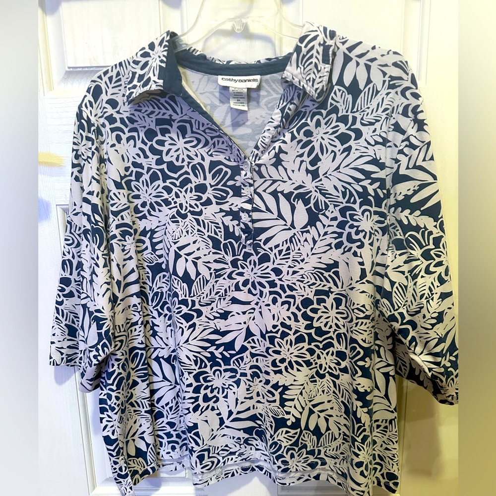 EUC CATHY DANIELS WOMANS LONG TUNIC BLUE & WHITE COTTON BLEND - PLUS SIZE 3X 💙